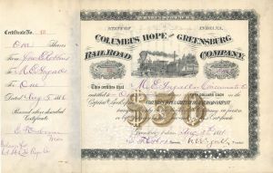 Columbus Hope and Greensburg Railroad Co. - 1881-1933 dated Railroad Stock Certificate