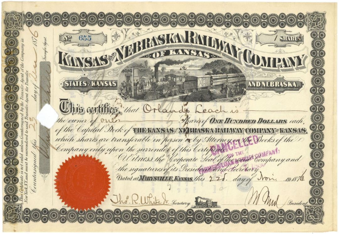 Kansas and Nebraska Railway Co. - 1876 dated Kansas and Nebraska Railroad Stock Certificate