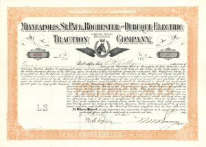 Minneapolis, St. Paul, Rochester and Dubuque Electric Traction Co. - 1912 dated Stock Certificate (Uncanceled)