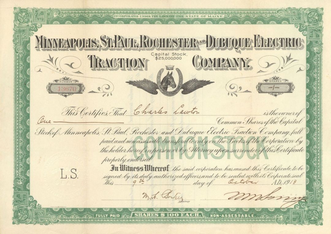 Minneapolis, St. Paul, Rochester and Dubuque Electric Traction Co. - 1913 dated Stock Certificate (Uncanceled)