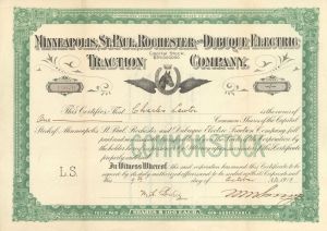 Minneapolis, St. Paul, Rochester and Dubuque Electric Traction Co. - 1913 dated Stock Certificate (Uncanceled)
