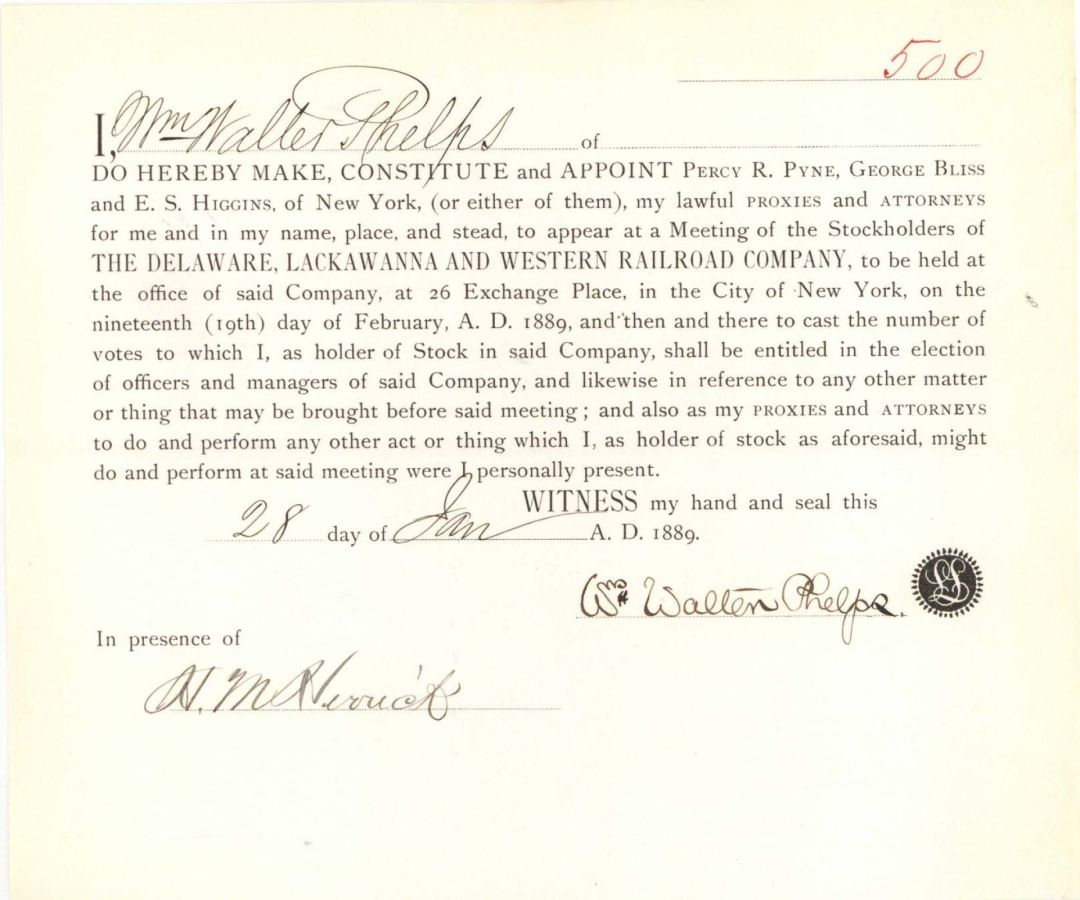 Delaware, Lackawanna and Western Railroad Co. Apppointment - 1889 dated Railroad Stock Appointment