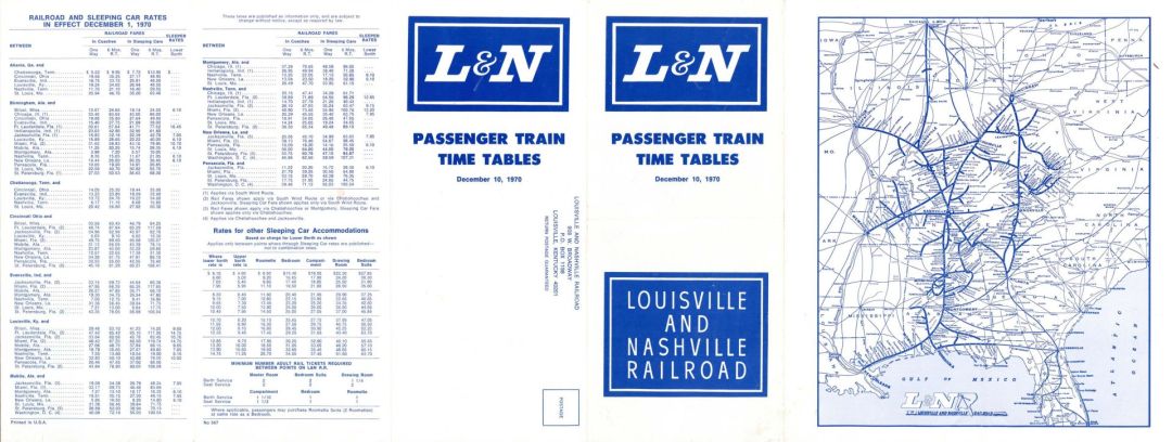 Louisville and Nashville Railroad Timetable - 1970 dated Railroad Passenger Train Time Tables