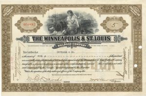 Minneapolis and St. Louis Railroad Co. - 1928 or 1936 dated Railroad Stock Certificate