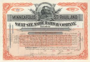 Minneapolis, St. Paul and Sault Ste. Marie Railway Co. - 1930 dated Railroad Stock Certificate