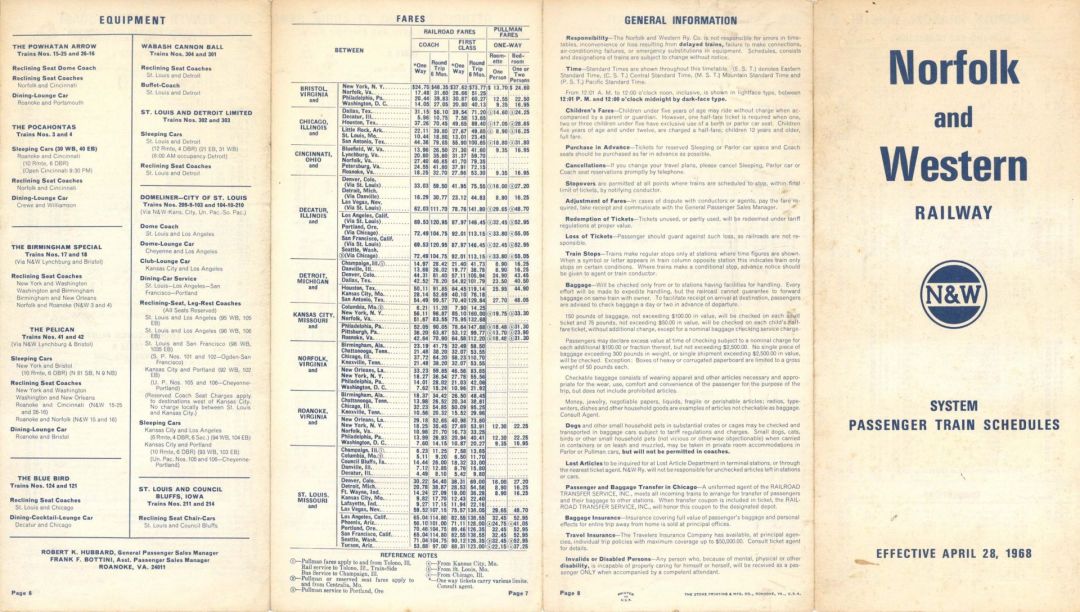 Norfolk and Western Railway Passenger Train Schedule - 1968 dated Railroad Schedules