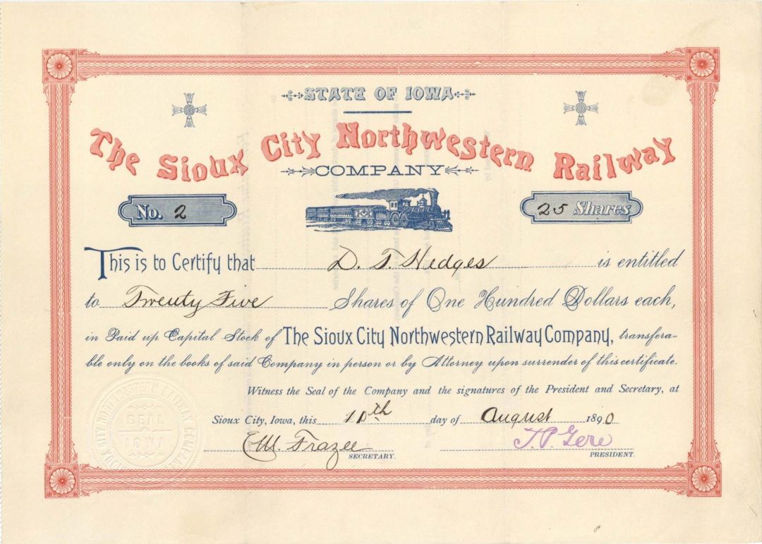 Sioux City Northwestern Railway Co. - 1890 dated Railroad Stock Certificate