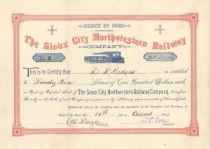 Sioux City Northwestern Railway Co. - 1890 dated Railroad Stock Certificate