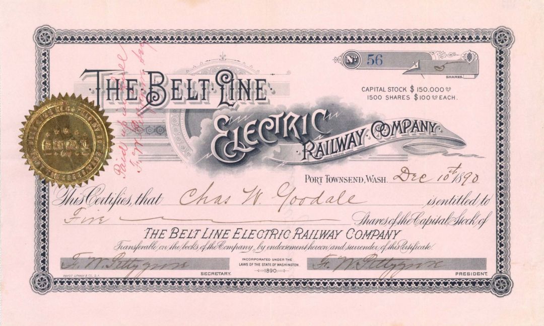 Belt Line Electric Railway Co.  -  1890 dated Stock Certificate