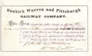 Dunkirk Warren and Pittsburgh Railway Co.  -  1873 dated Stock Certificate