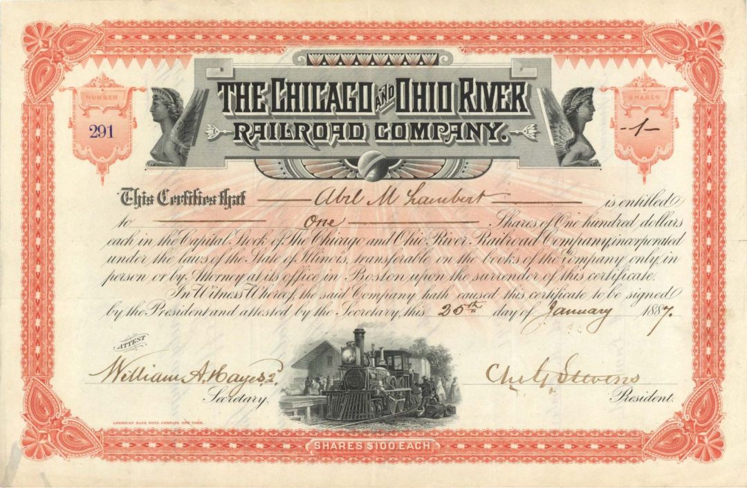 Chicago and Ohio River Railroad Co. - 1887 dated Railroad Stock Certificate