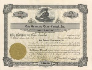 Otis Automatic Train Control, Inc. - 1921-1923 dated Railroad Stock Certificate