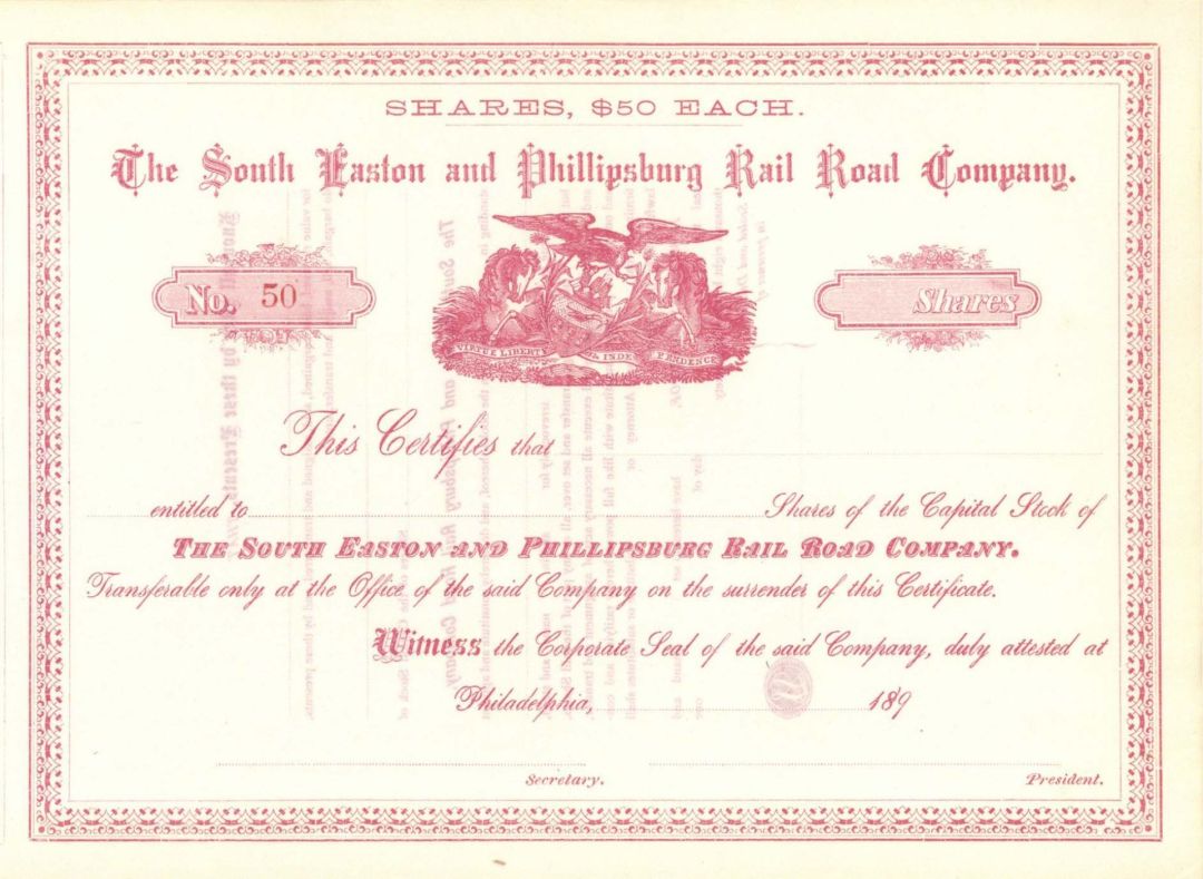 South Easton and Phillipsburg Rail Road Co. - Unissued Railroad Stock Certificate