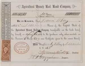 Agricultural Branch Rail Road Co. - 1866 dated Railroad Stock Certificate with Revenue Stamp