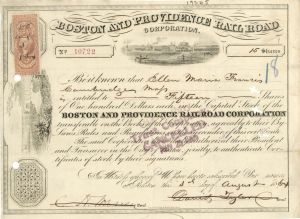 Boston and Providence Rail Road Corp. - 1864 dated Railroad Stock Certificate with Revenue Stamp