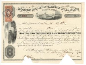 Boston and Providence Rail Road Corp. - 1870 dated Railroad Stock Certificate with Revenue Stamp