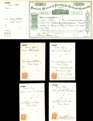 Dunkirk, Warren and Pittsburgh Railroad Co. - 1860's dated Railroad Stock and Stubs with Revenue Stamp