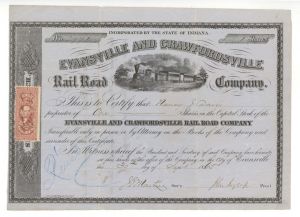 Evansville and Crawfordsville Rail Road Co. - 1865 dated Railroad Stock with Revenue Stamp