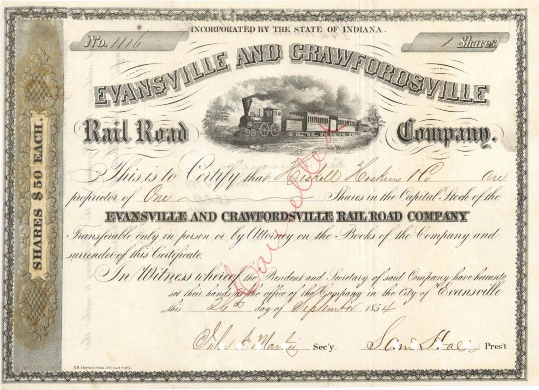 Evansville and Crawfordsville Rail Road Co. - 1854 dated Railroad Stock