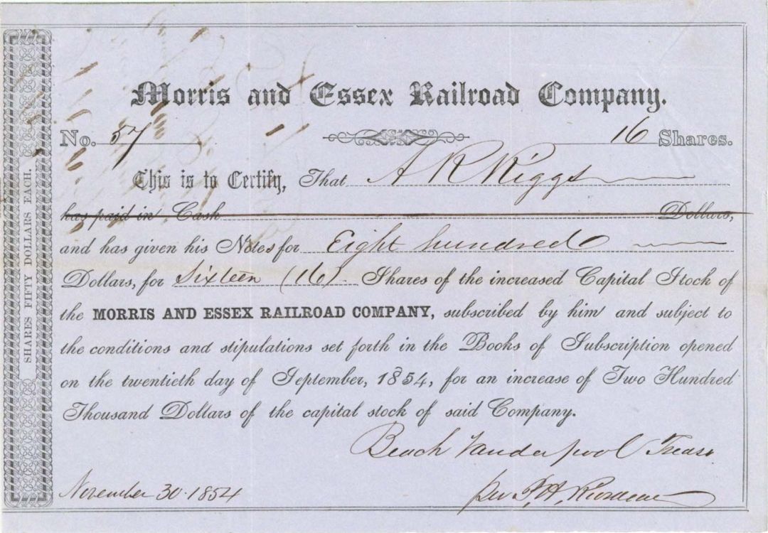 Morris and Essex Railroad Co. - 1854 dated Railroad Stock