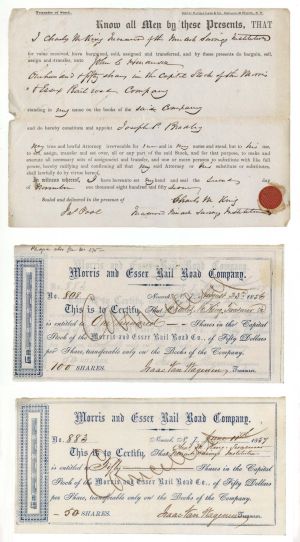 Morris and Essex Rail Road Co. - 1856 and 1857 dated Railroad Stock and Transfer