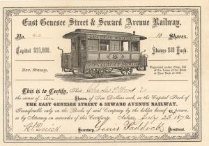 East Genesee Street and Seward Avenue Railway - 1872 dated Stock Certificate