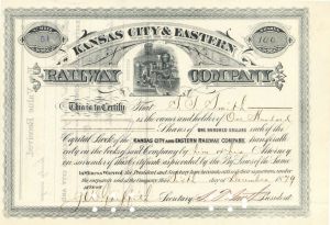 Kansas City and Eastern Railway Co. - 1879 dated Stock Certificate