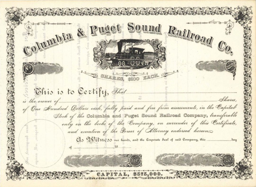 Columbia and Puget Sound Railroad Co. -  Unissued Stock Certificate