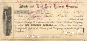 Atlanta and West Point Railroad Co. -  1877 dated Stock Certificate