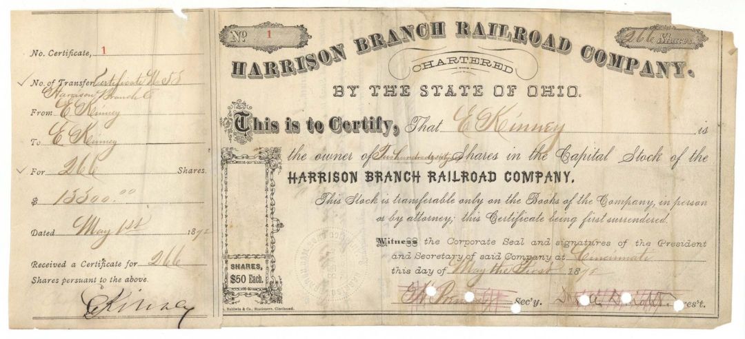 Harrison Branch Railroad Co. - 1872 dated Stock Certificate