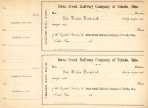 Swan Ceek Railway Company of Toledo, Ohio Uncut Sheet of 2  - Unissued Stock Certificate