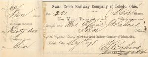 Swan Ceek Railway Company of Toledo, Ohio  - 1878 dated Stock Certificate