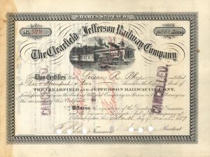 Clearfield and Jefferson Railway Co. - 1889 dated Stock Certificate