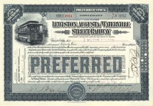 Lewiston, Augusta and Waterville Street Railway - 1910 dated Stock Certificate