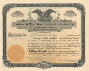 Pottstown and West Chester Electric Street Railway Co. - 1903 dated Stock Certificate