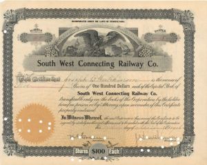 South West Connecting Railway Co. - 1906 dated Stock Certificate