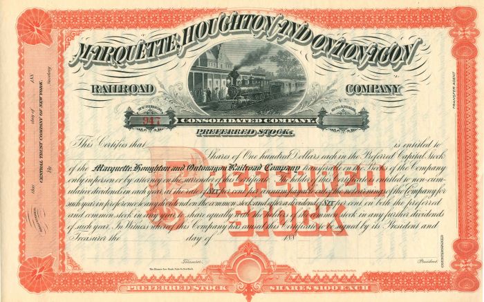 Marquette, Houghton and Ontonagon Railroad Co. - Stock Certificate