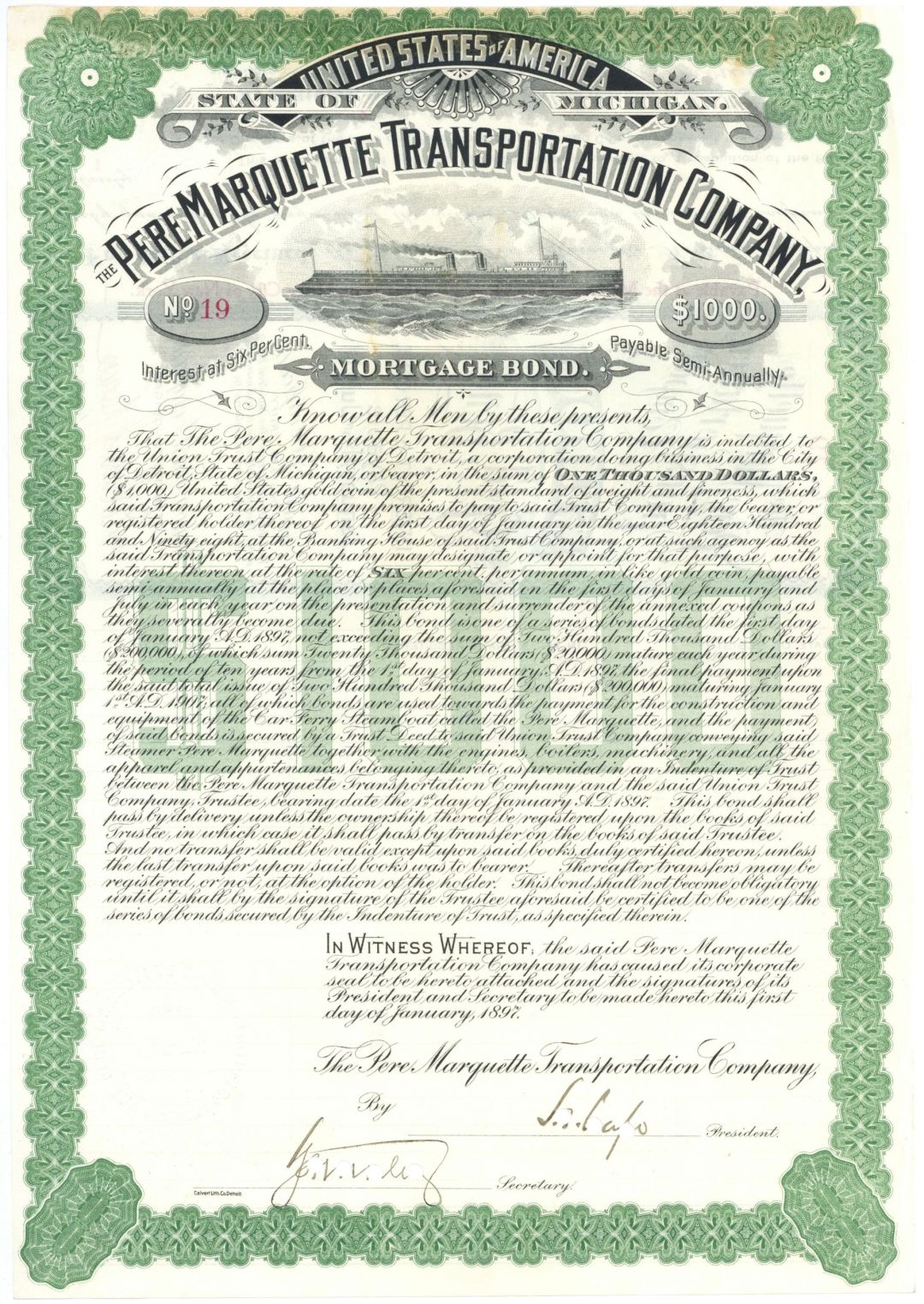 Pere Marquette Transportation Co. - 1897 dated $1,000 Shipping Bond - Always Trimmed into Top Border