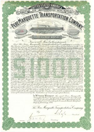 Pere Marquette Transportation Co. - 1897 dated $1,000 Shipping Bond - Always Trimmed into Top Border