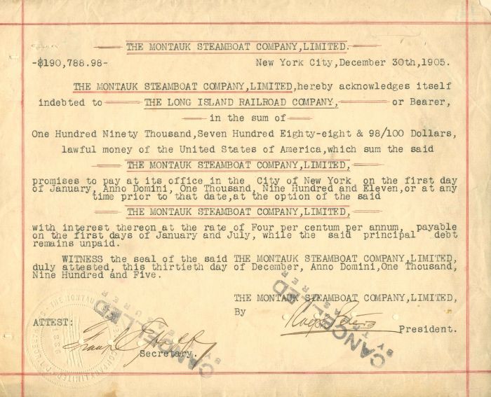 Montauk Steamboat Co., Limited - $190,788.98 - Bond