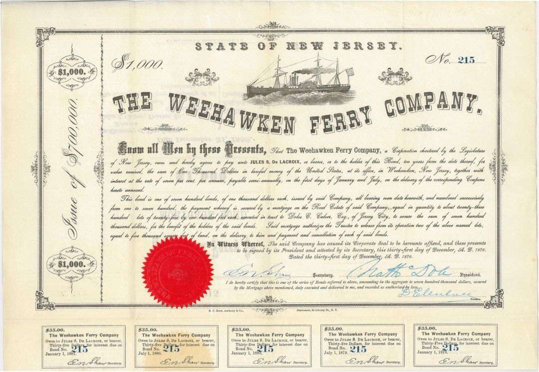 Weehawken Ferry Co. - $1,000 Bond