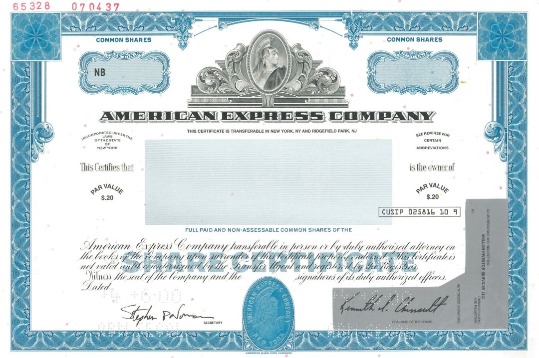 American Express Co. - Specimen Stock Certificate - Rare Type