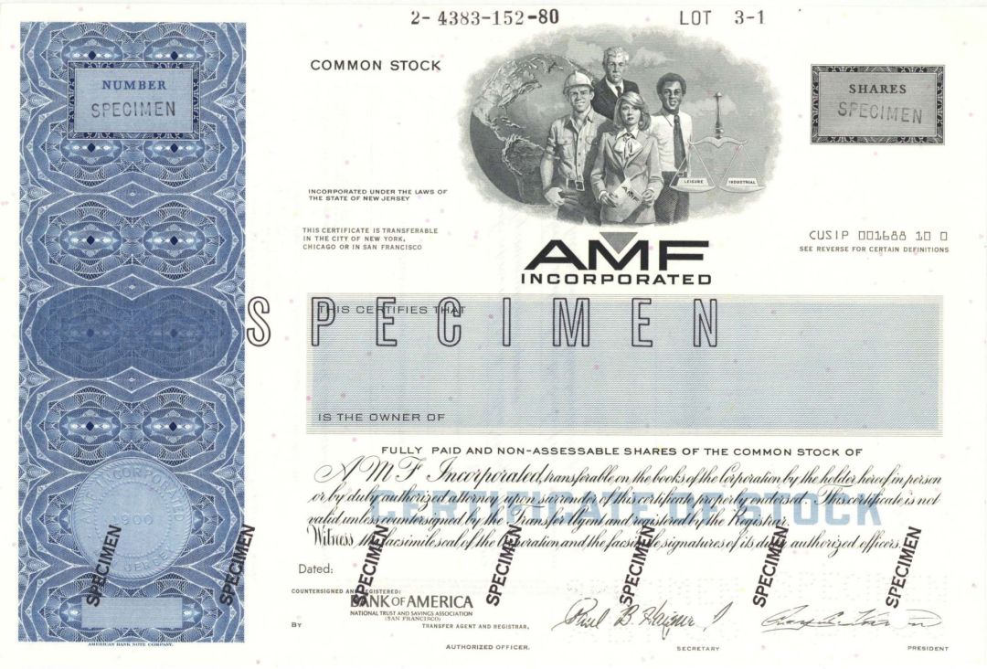 AMF Incorporated - American Machine and Foundry - Specimen Stock Certificate