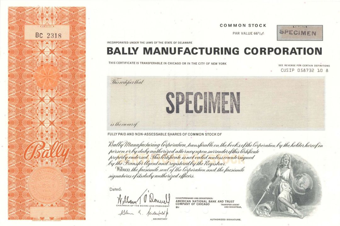 Bally Manufacturing Corp. - Specimen Stocks and Bonds