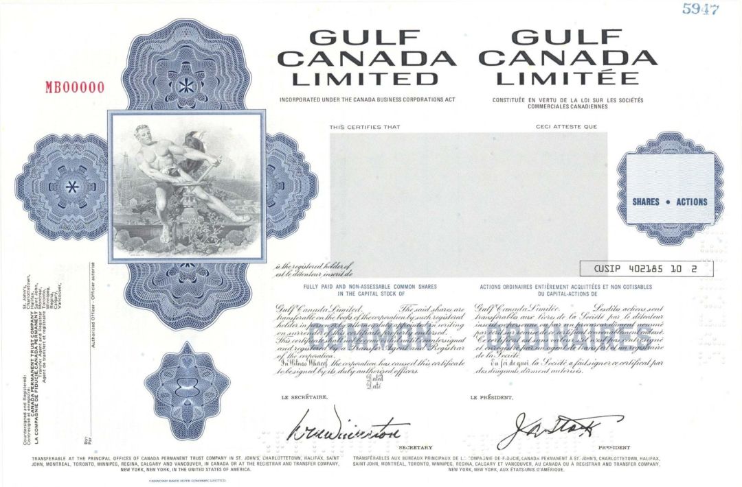 Gulf Canada Limited - Specimen Stock Certificate