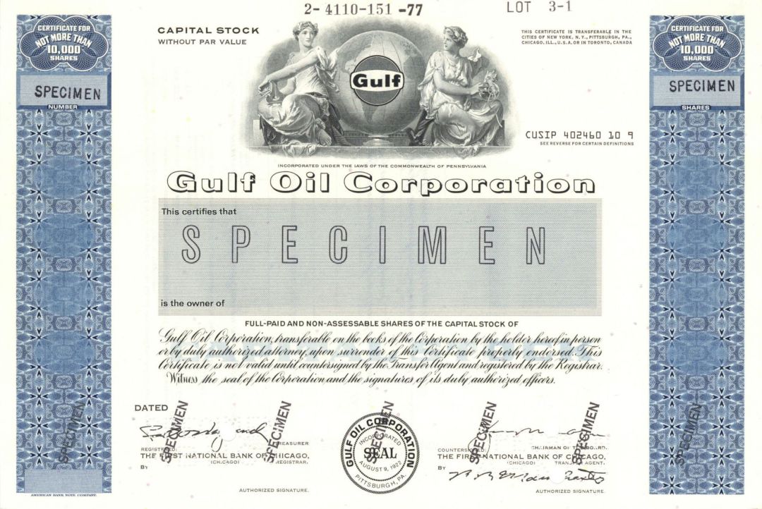 Gulf Oil Corporation - Specimen Stock Certificate