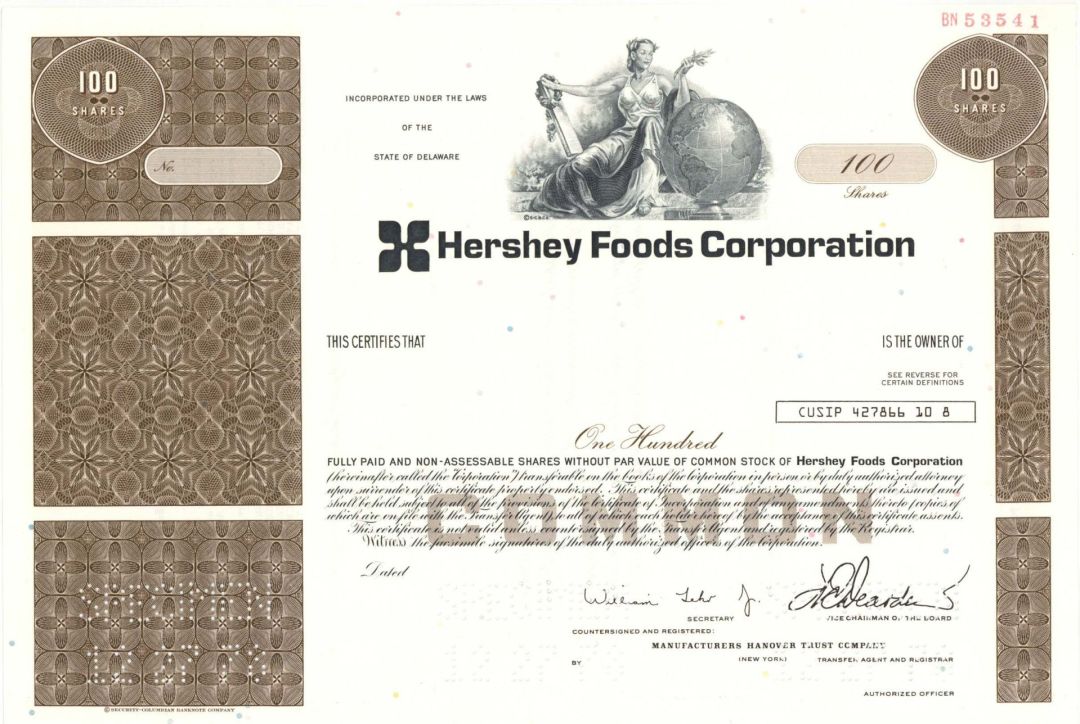 Hershey Foods Corp. - Specimen Stocks and Bonds