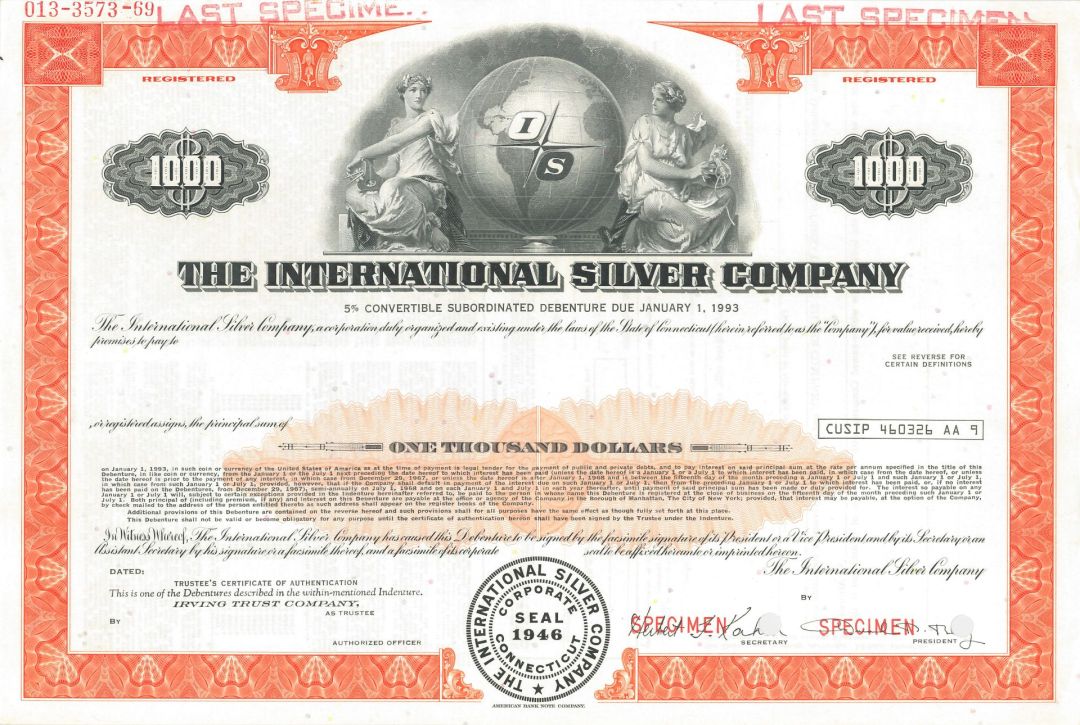 International Silver Co.- $1,000 Specimen Bond