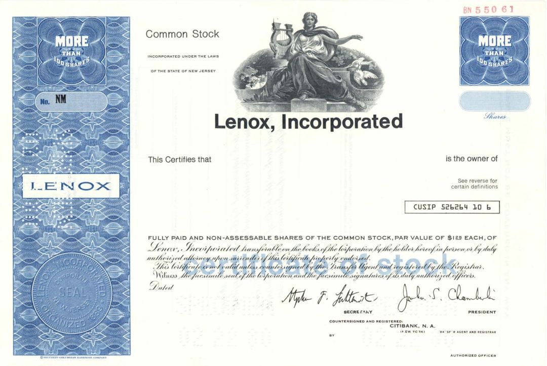 Lenox, Inc. - Specimen Stock Certificate