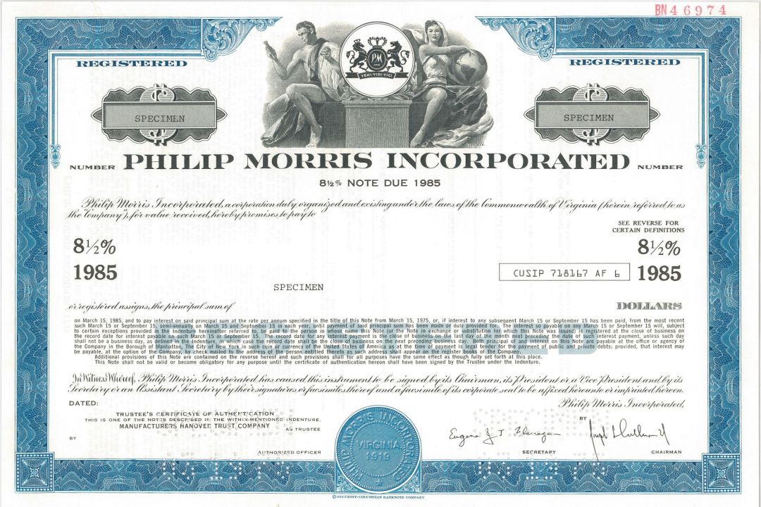 Philip Morris Incorporated - 1975 dated Specimen Bond - Famous Tobacco Company